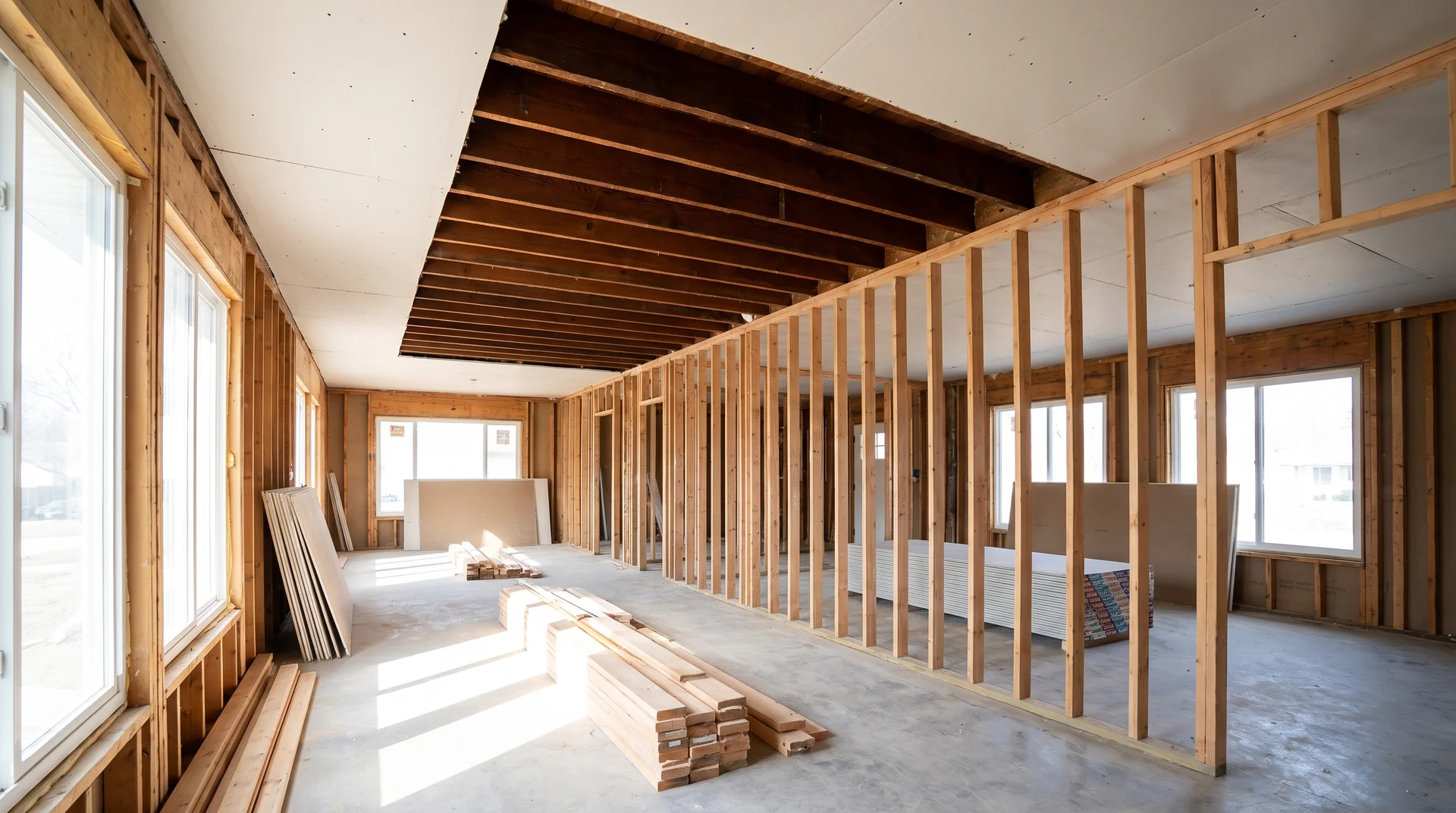 Central load-bearing wall running full length of US two-story home interior with ceiling joists visible above running perpendicular.