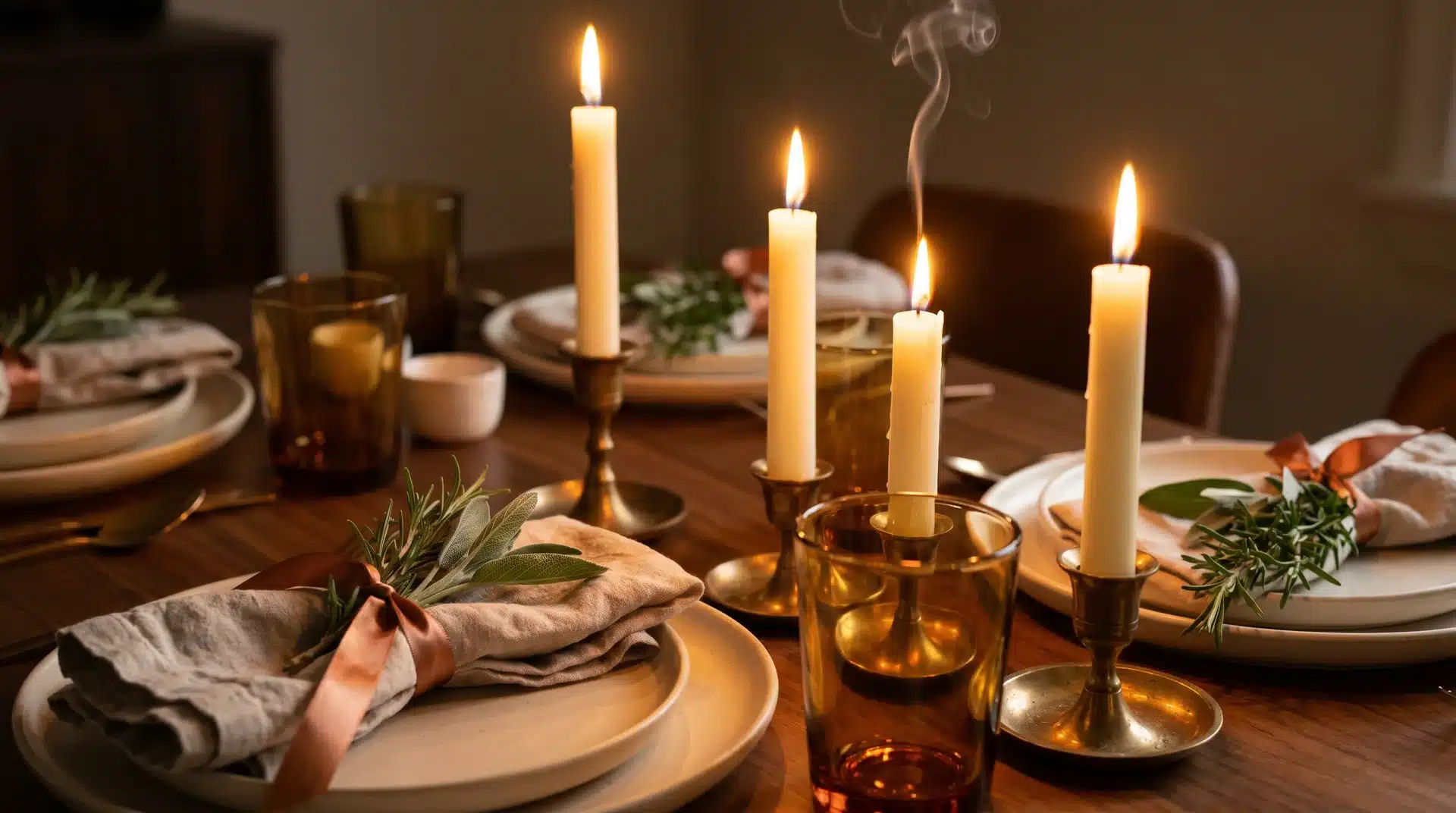 Lit beeswax taper candles and fresh rosemary sprigs on a fully dressed Thanksgiving table glowing in warm candlelight.