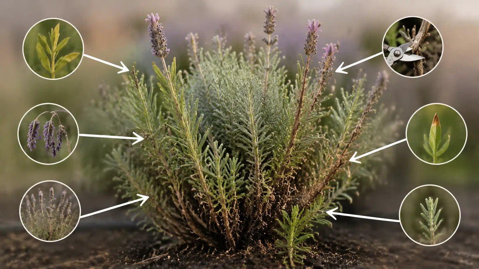 Lavender plant showing early signs of stress with yellow leaves, drooping stems, brown tips, and slow growth highlighted by arrows.