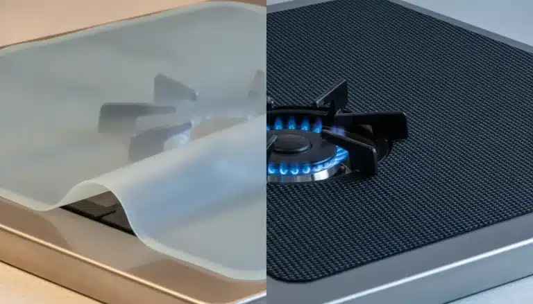 Gas stove burner with silicone mat on left, protective cover with flame on right