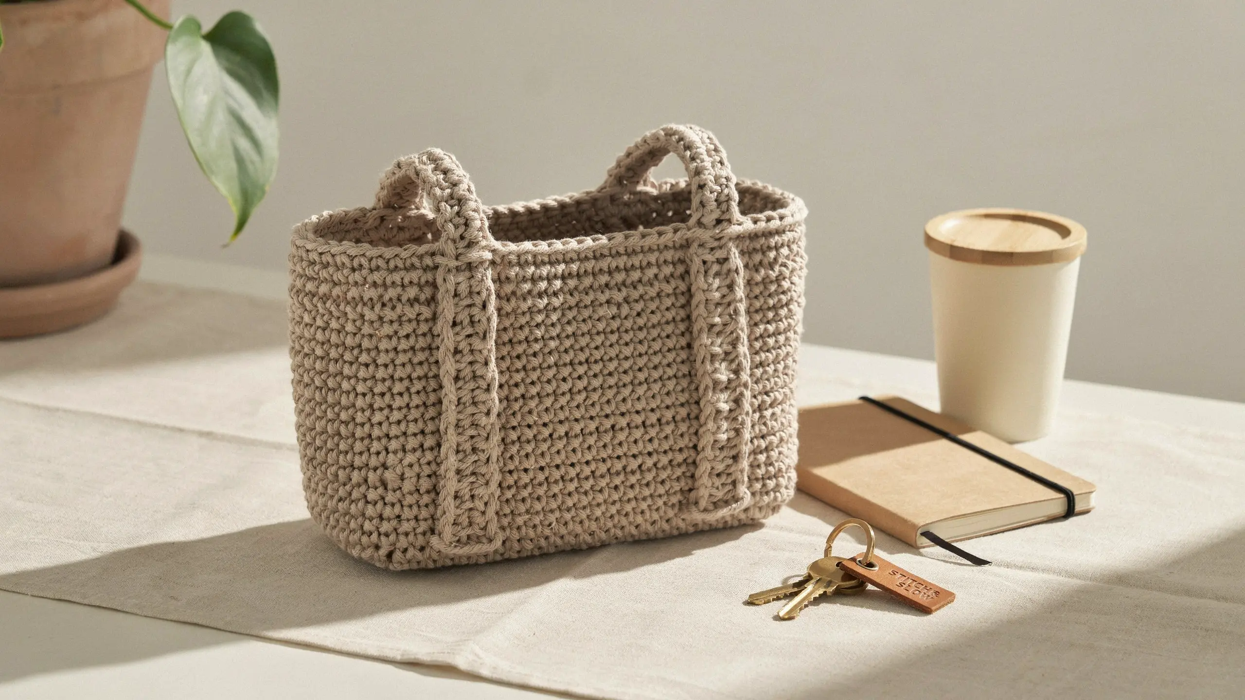 Beige crochet tote with flat handles on a neutral background, styled for everyday errands.