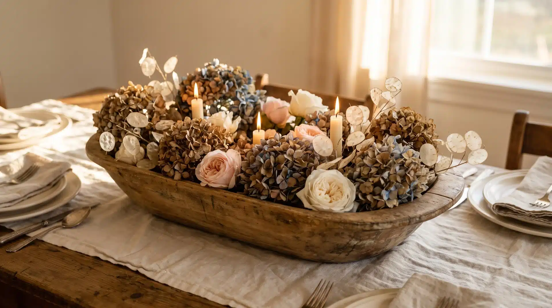Vintage wooden dough bowl centerpiece with dried hydrangeas blush roses and cream taper candles on a linen Thanksgiving table.
