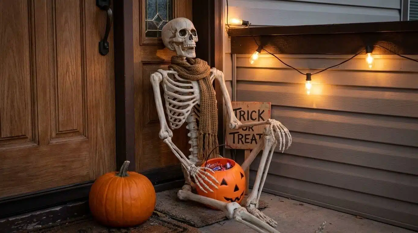 Plastic skeleton greeter holding a candy bucket beside a front door