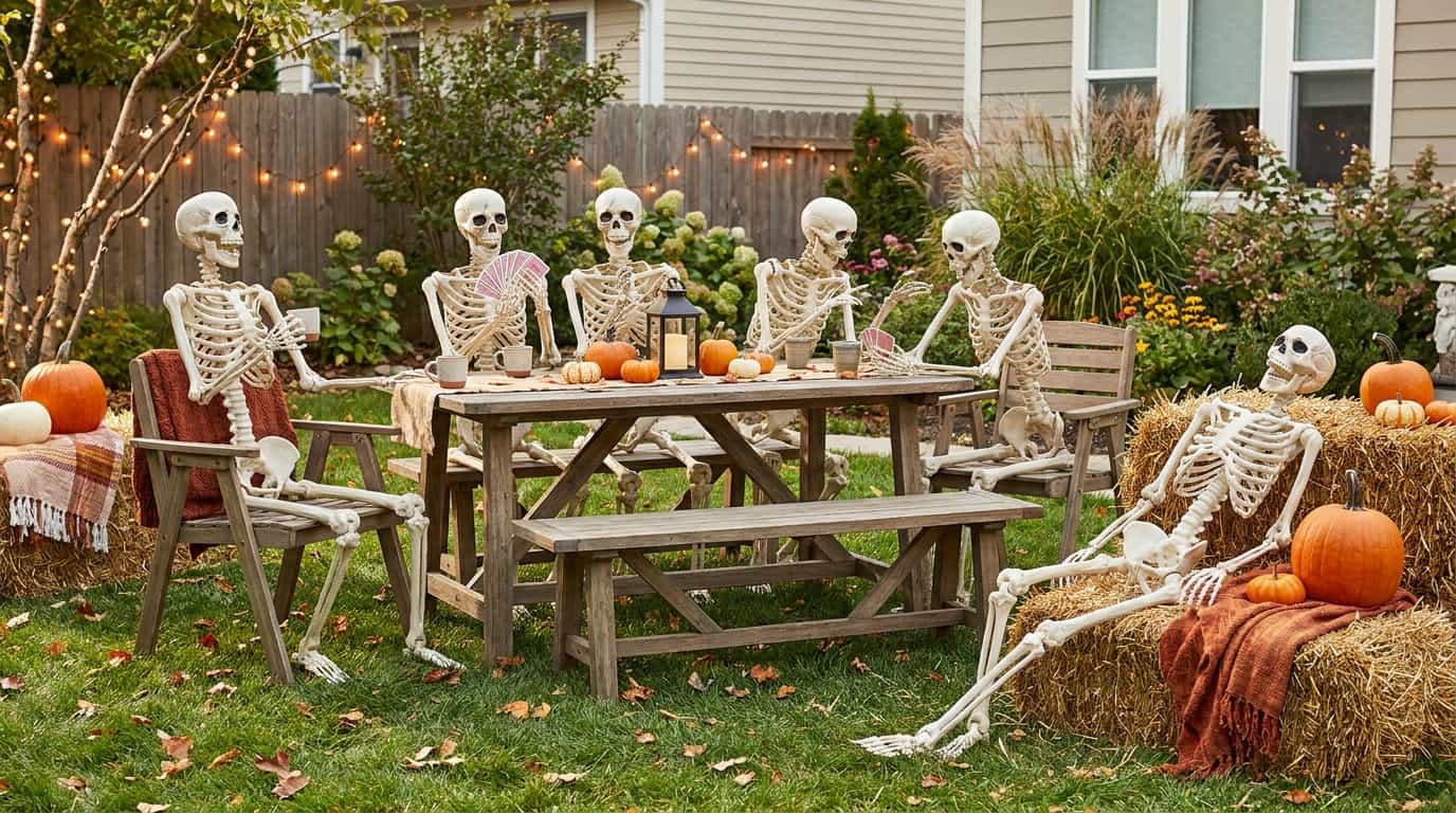 Backyard Halloween decoration featuring skeleton party setup