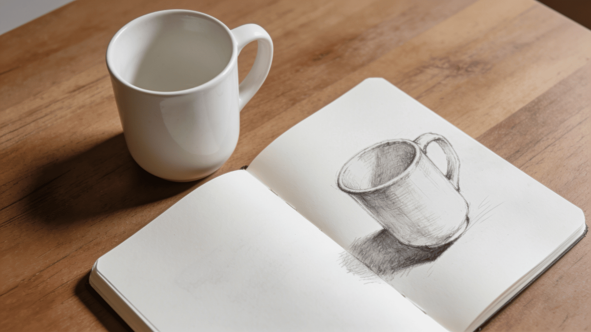 Pencil drawing of a mug on sketchbook with cup cup beside