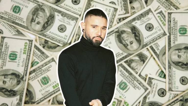 Skrillex standing against a pile of hundred dollar bills representing his $70 million net worth.