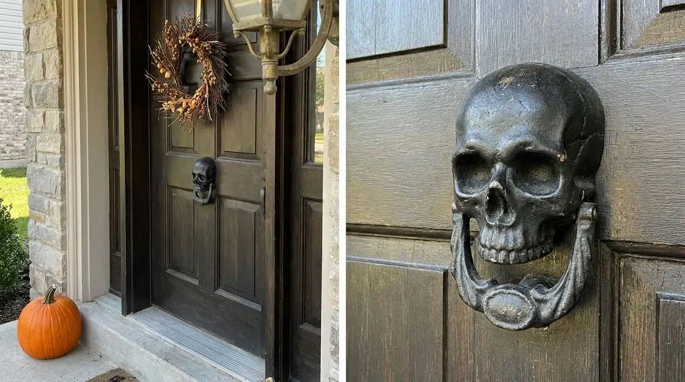 Front door with a skull-shaped door knocker for Halloween