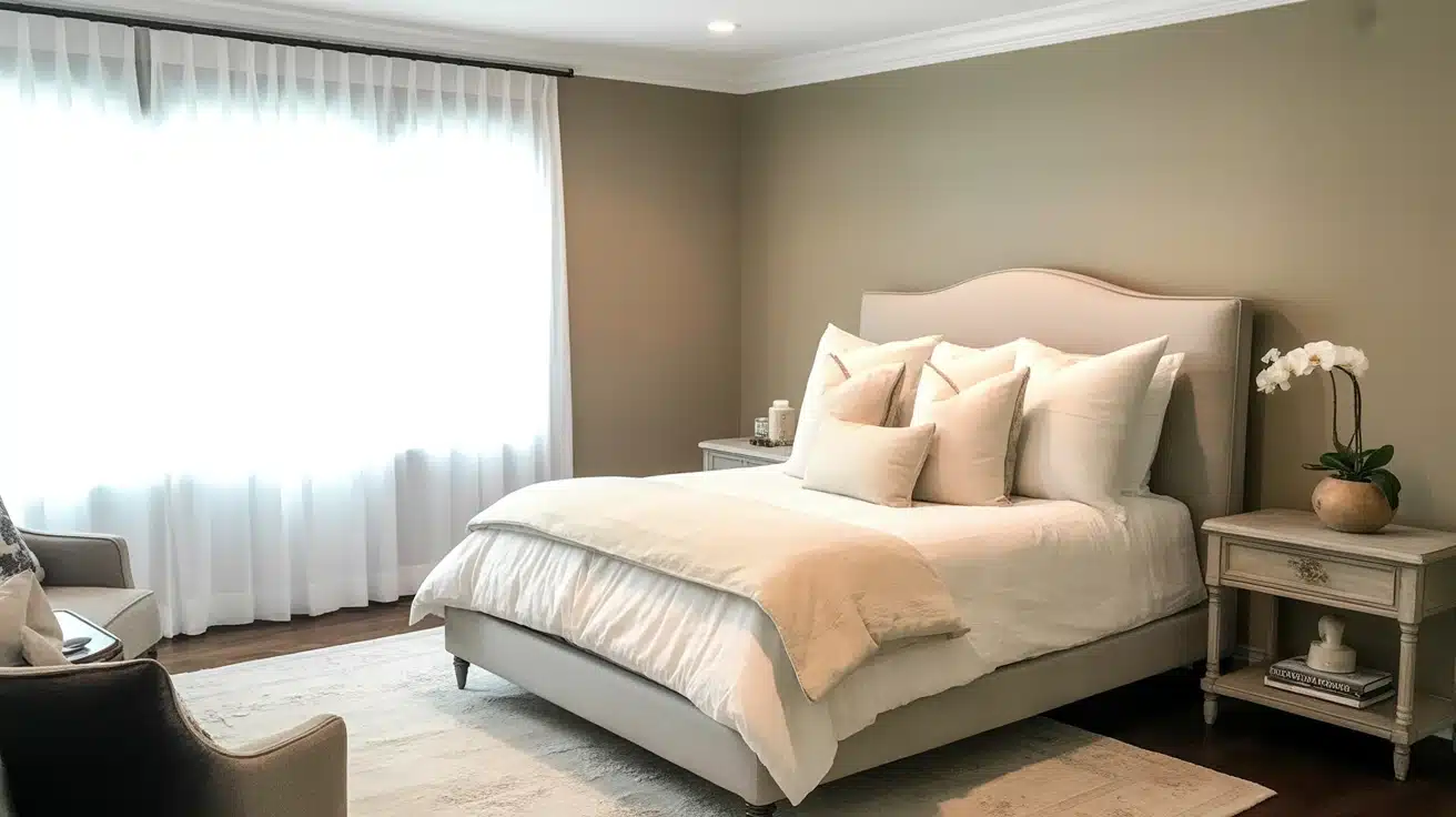 A cozy bedroom with warm beige walls, a soft white tufted bed, matching pillows, and a light wood nightstand.