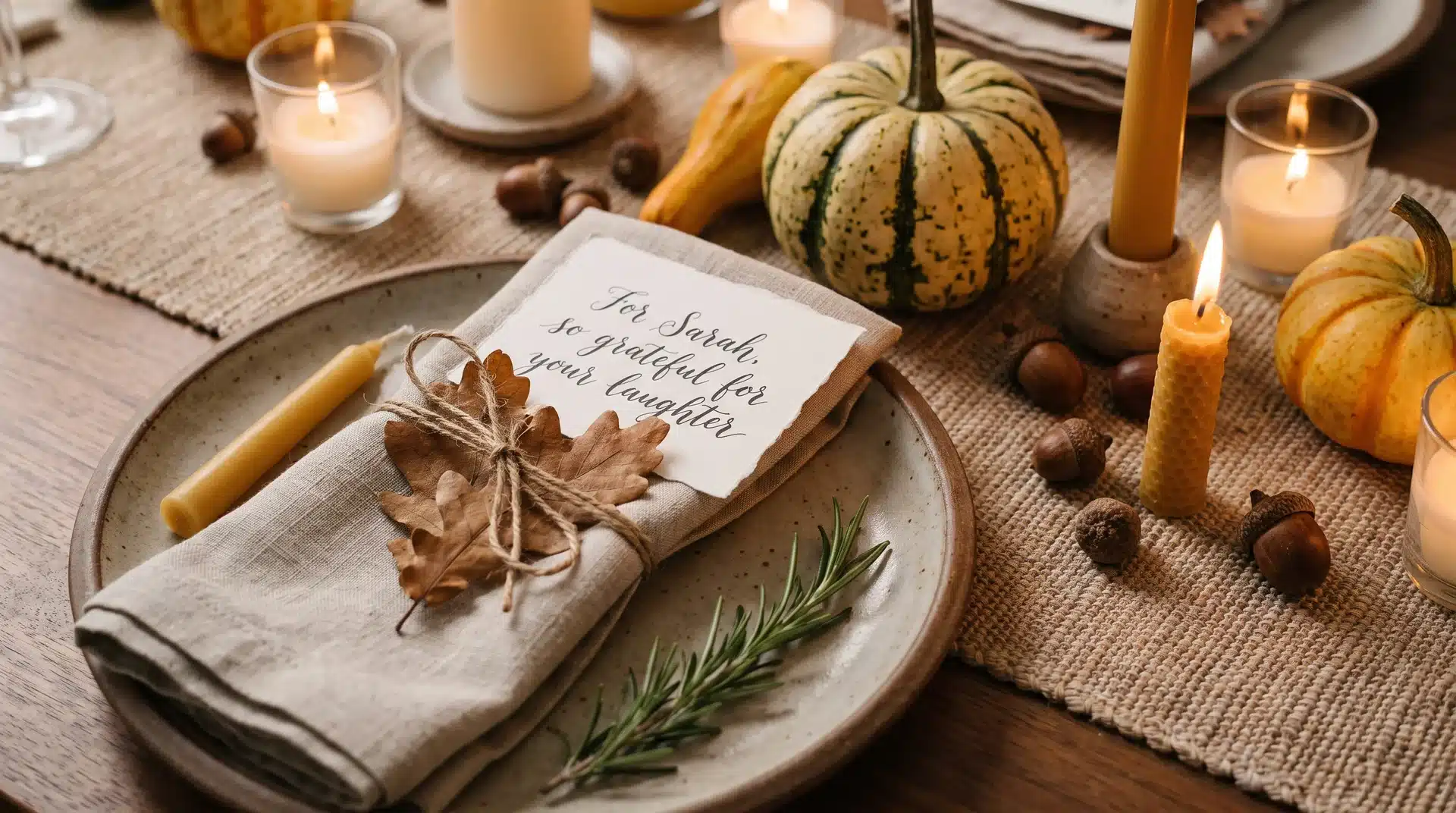 Thanksgiving place setting with handmade cards and natural details.