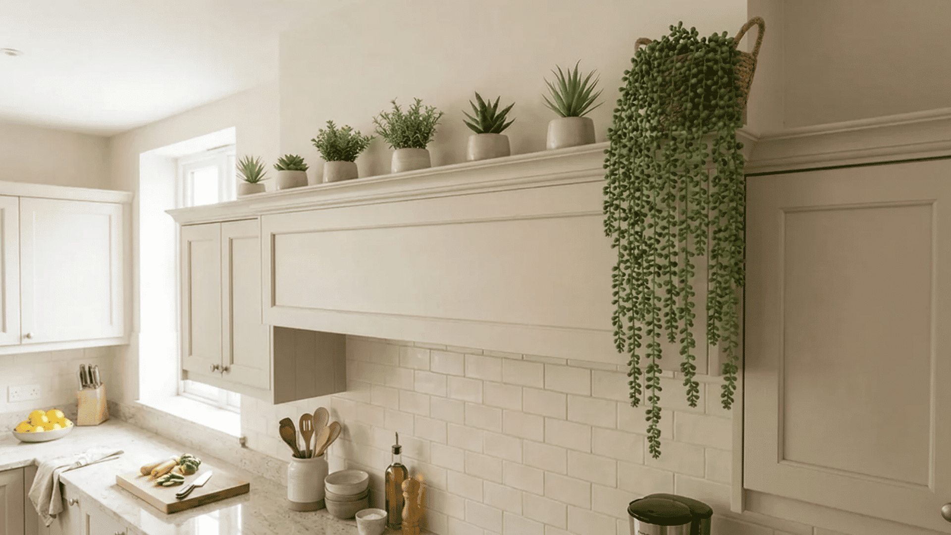 Small faux plants and a trailing plant arranged above light-colored kitchen cabinets
