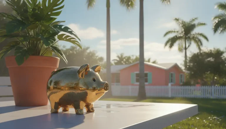 Golden piggy bank on table with potted plant in sunny backyard setting