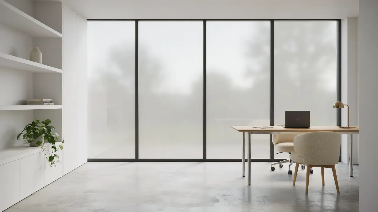 Smart glass tint window covering shifting from clear to opaque in a modern bathroom with minimalist design.
