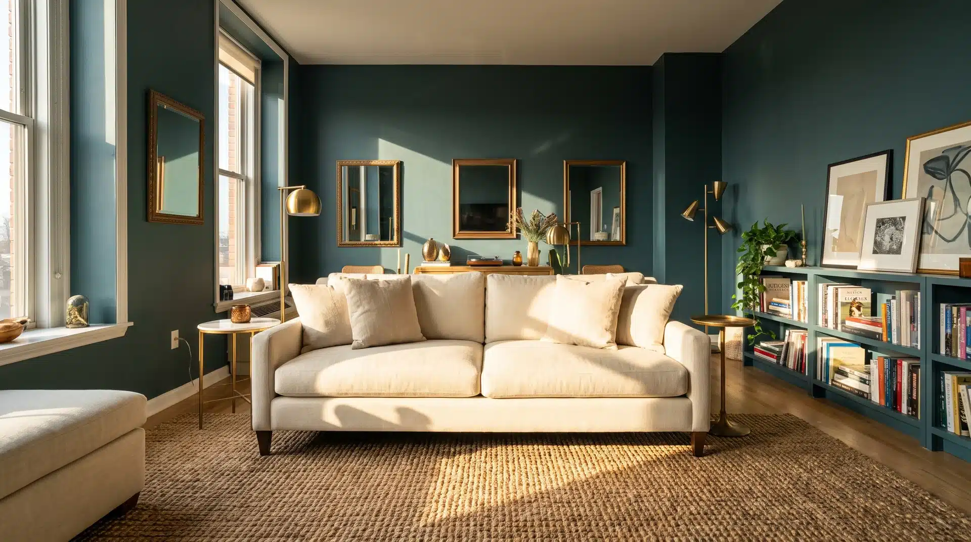 Full living room with Behr Hidden Gem smoky jade walls cream sofa and warm brass accents.