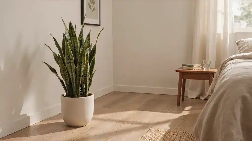 Snake plant in a simple pot, sharply focused against a softly blurred bedroom background.