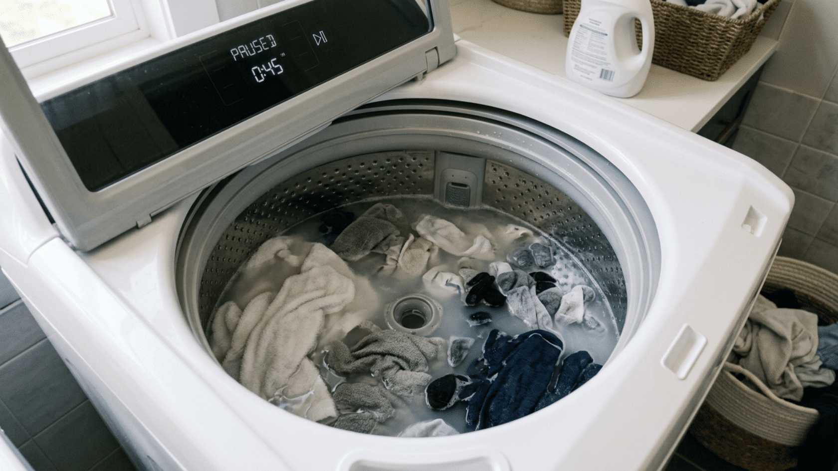 Top load washing machine drum with clothes soaking in cleaning solution during paused cycle.