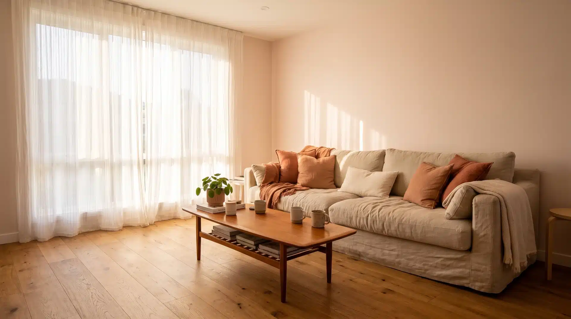 Full east-facing living room with Benjamin Moore Pale Blush walls linen sofa and morning light.
