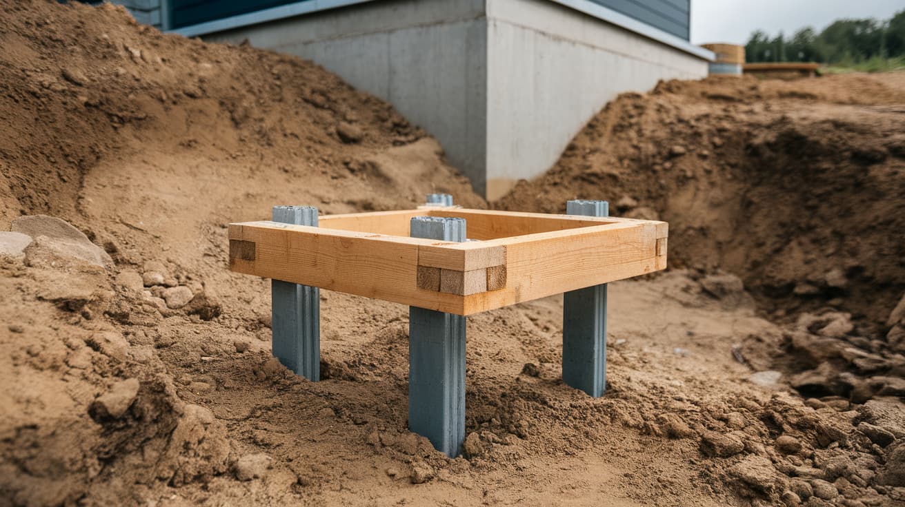 A square wooden frame resting on four vertical concrete piers within a dirt excavation pit on a construction site.