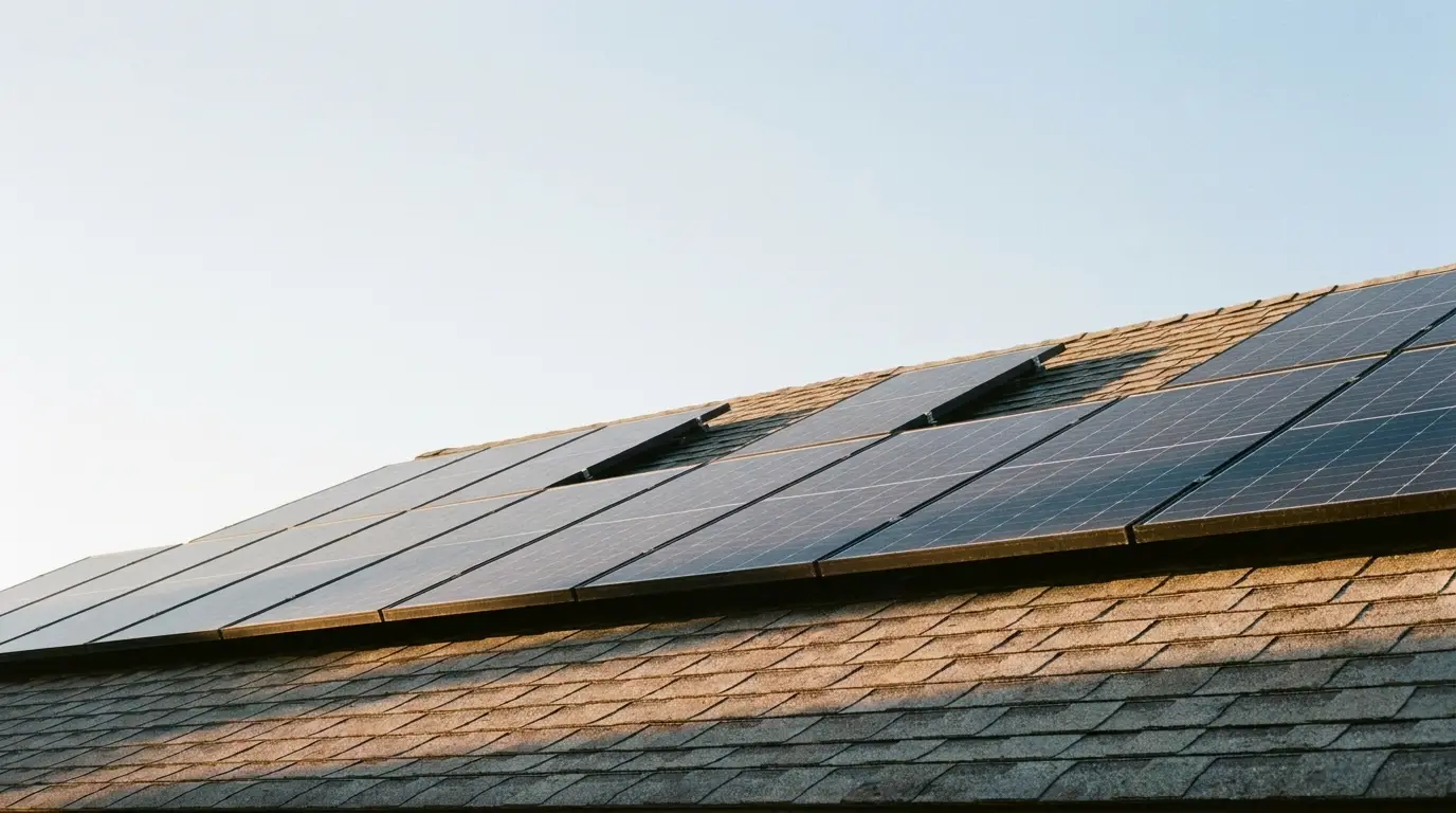 Solar panels installed on a shingled roof under clear blue sky