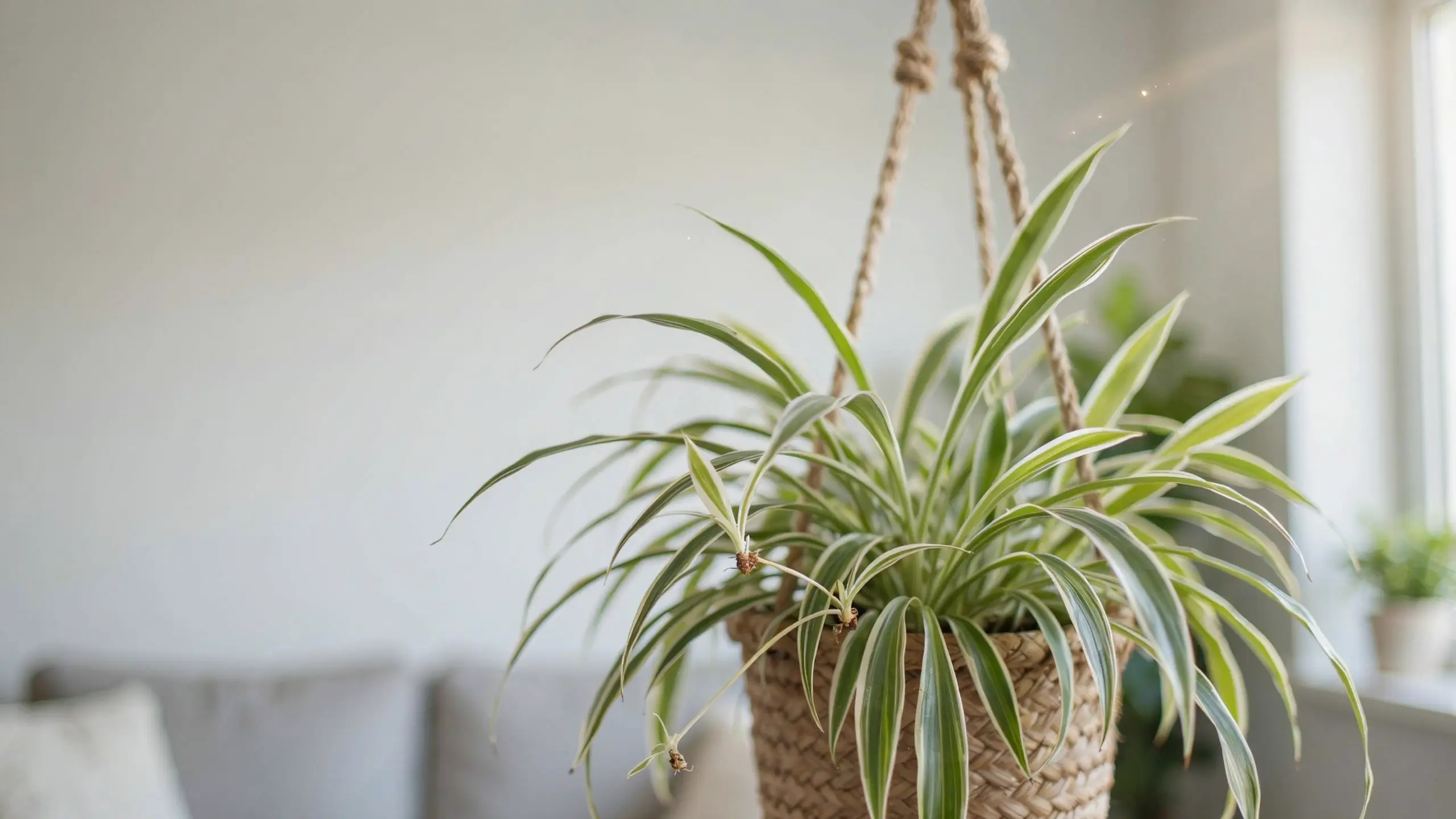 Spider plant in focus with striped leaves and a softly blurred living room background.