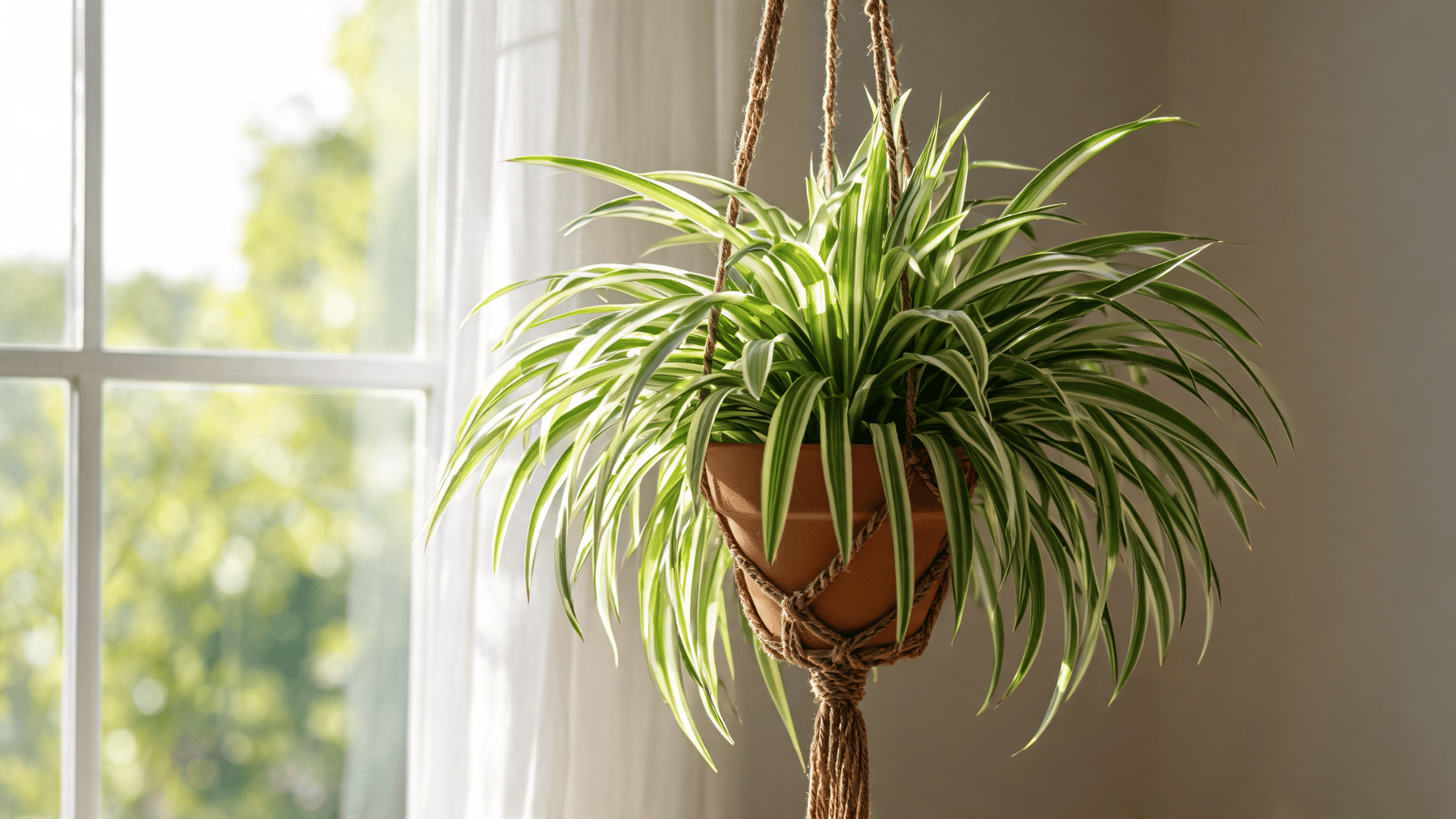 Spider plant with long striped leaves cascading from a hanging planter