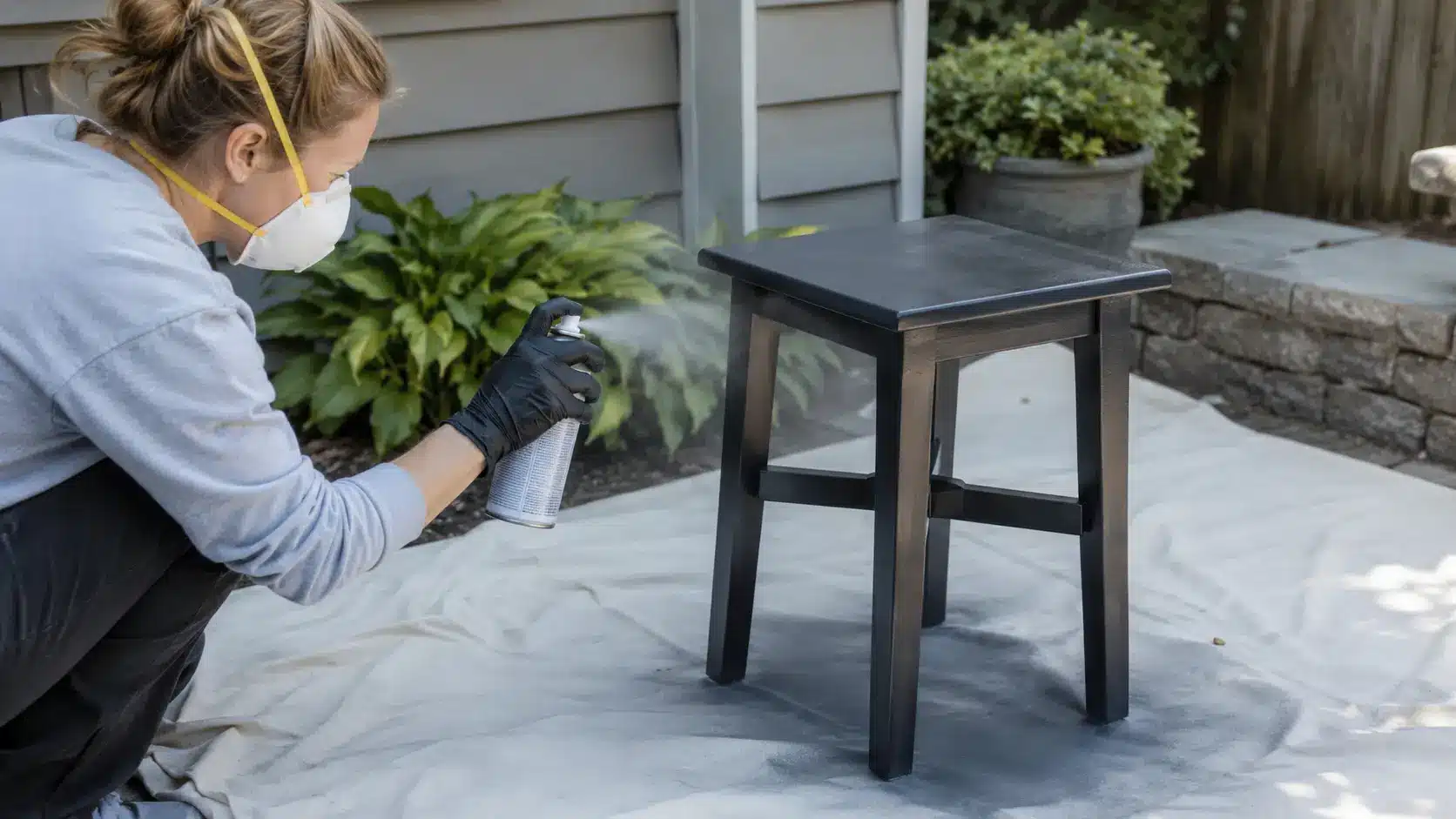 Woman wearing protective gear spray-painting a wooden stool black outdoors.