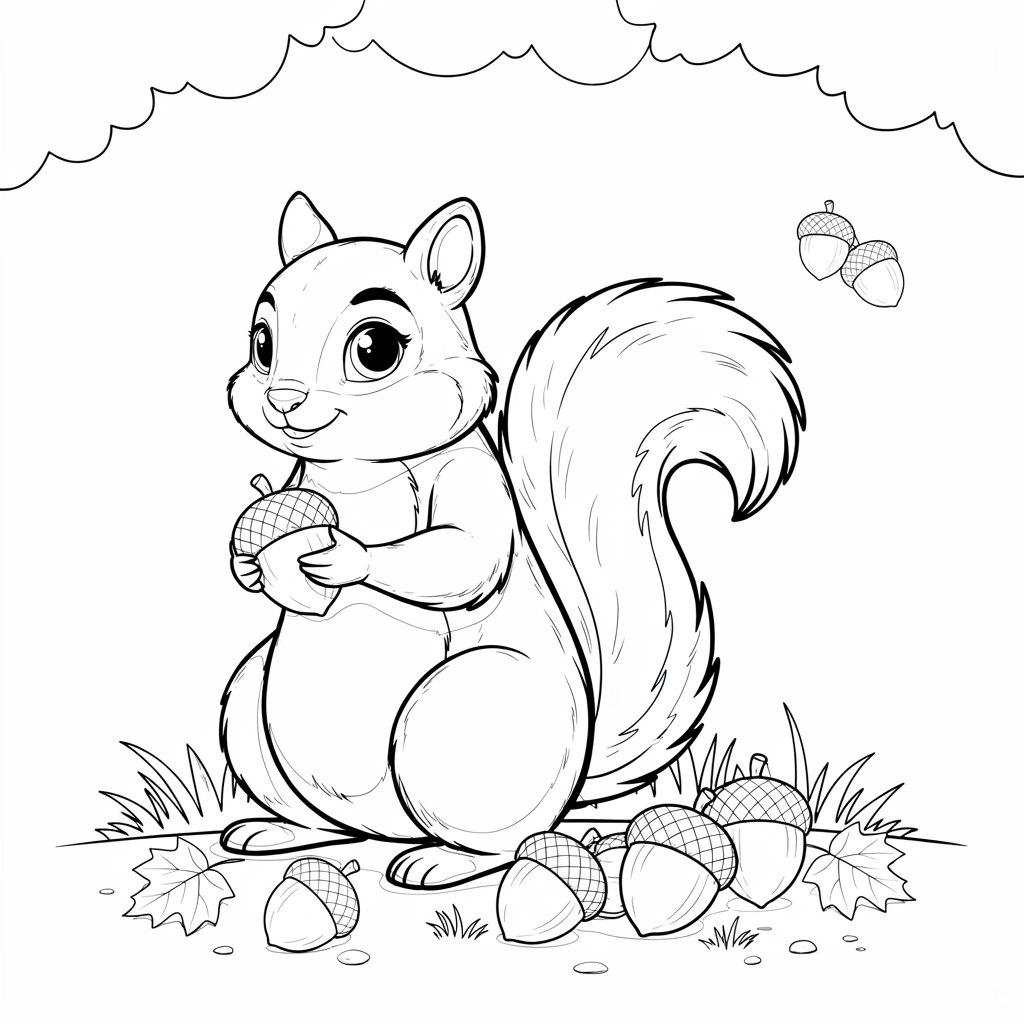 Squirrel with acorns coloring page introducing kids to a familiar fall behavior, perfect for learning how animals prepare for the winter season