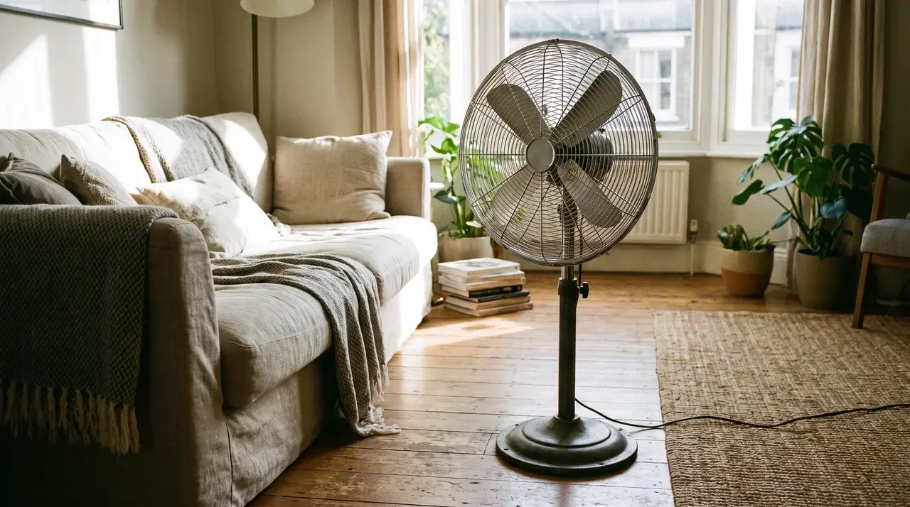Pedestal fan with circular cage, adjustable stand, and wide base placed in a bright home room.