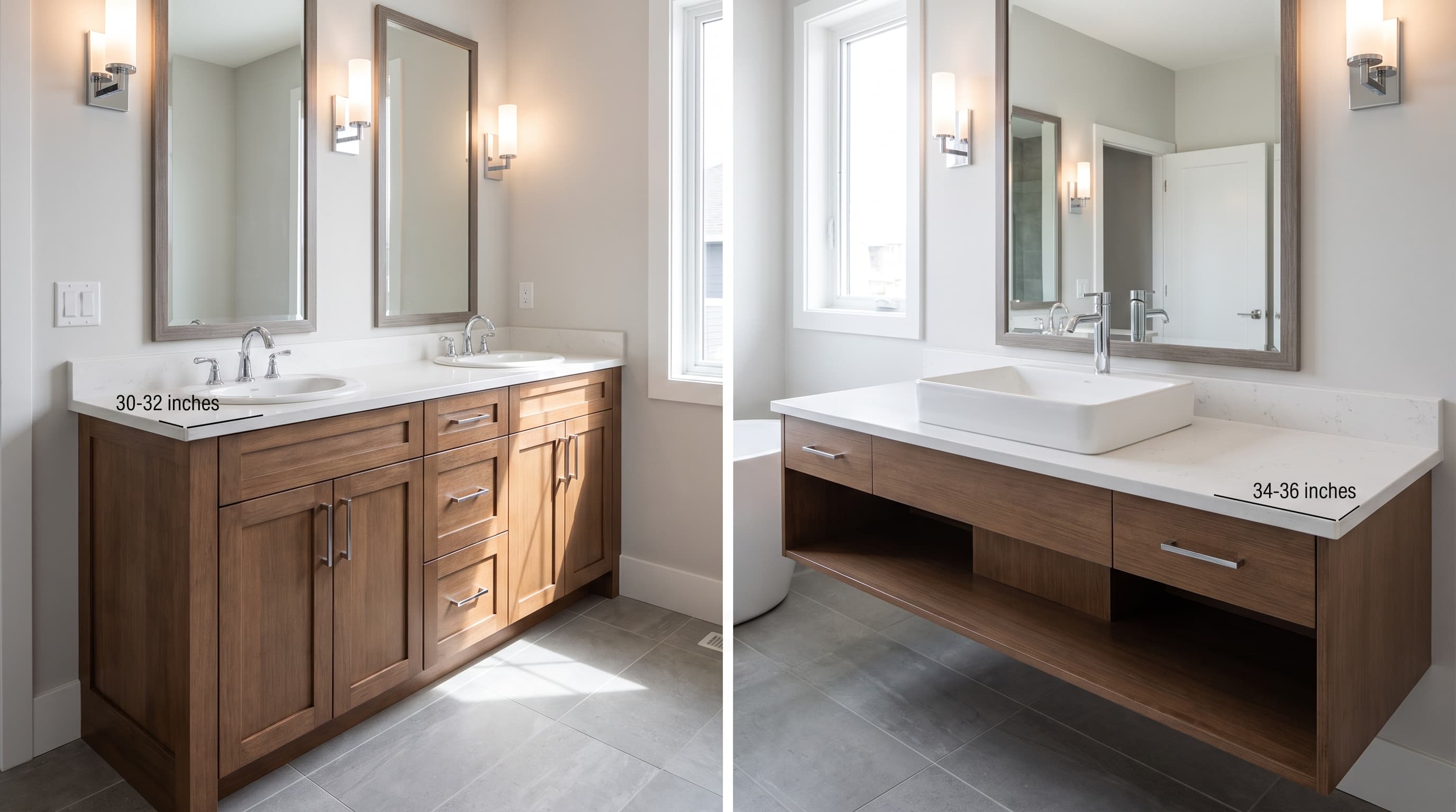 Bathroom vanity comparison showing standard 30–32 inch and comfort-height 34–36 inch cabinets.