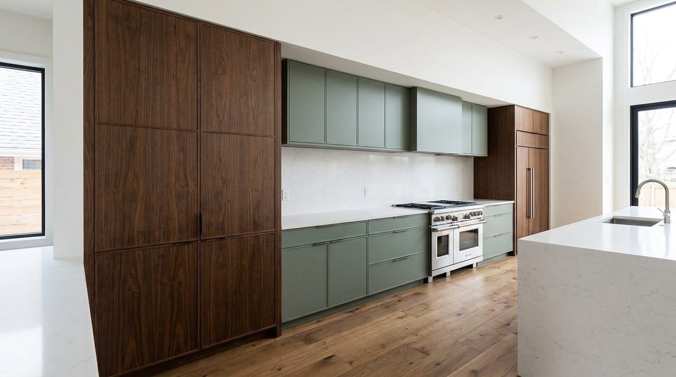 Modern kitchen showing standard cabinet height with base, wall, and tall cabinet layouts.