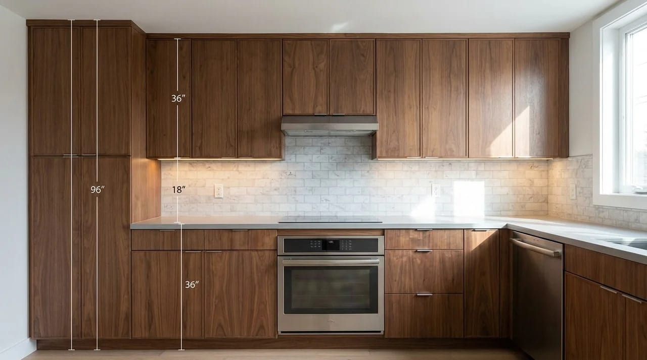 Standard kitchen cabinet height showing 36-inch base cabinets, 18-inch upper cabinet gap, and 96-inch tall storage units.