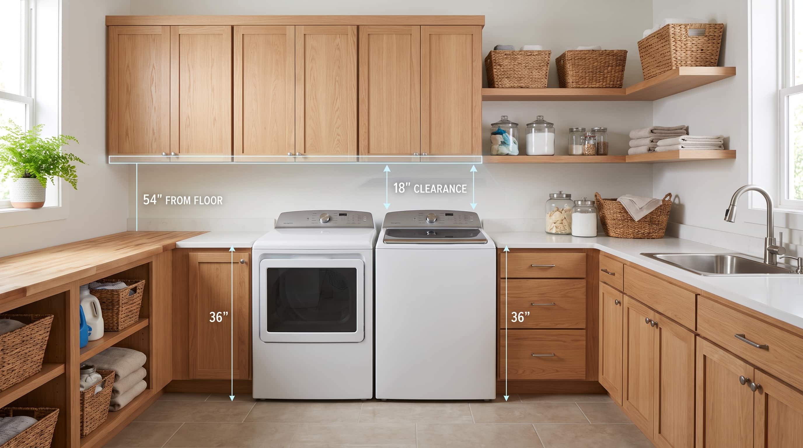 Laundry room cabinets with 36-inch base height and 18-inch clearance above washer and dryer units.