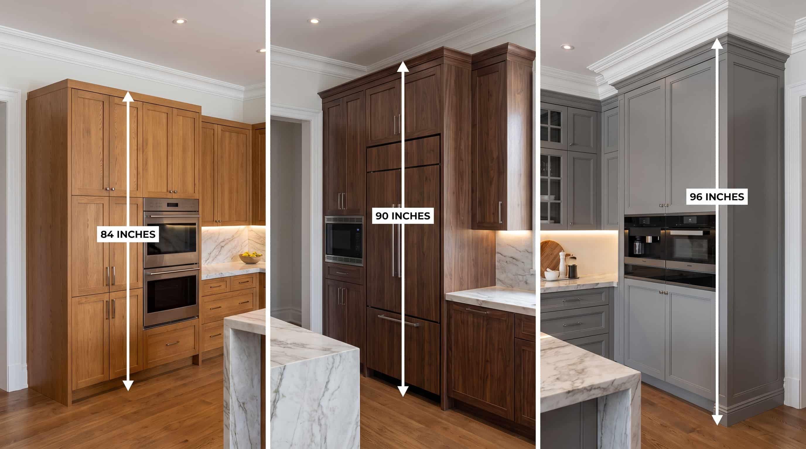 Tall kitchen cabinets showing 84, 90, and 96-inch height options for pantry and built-in storage.