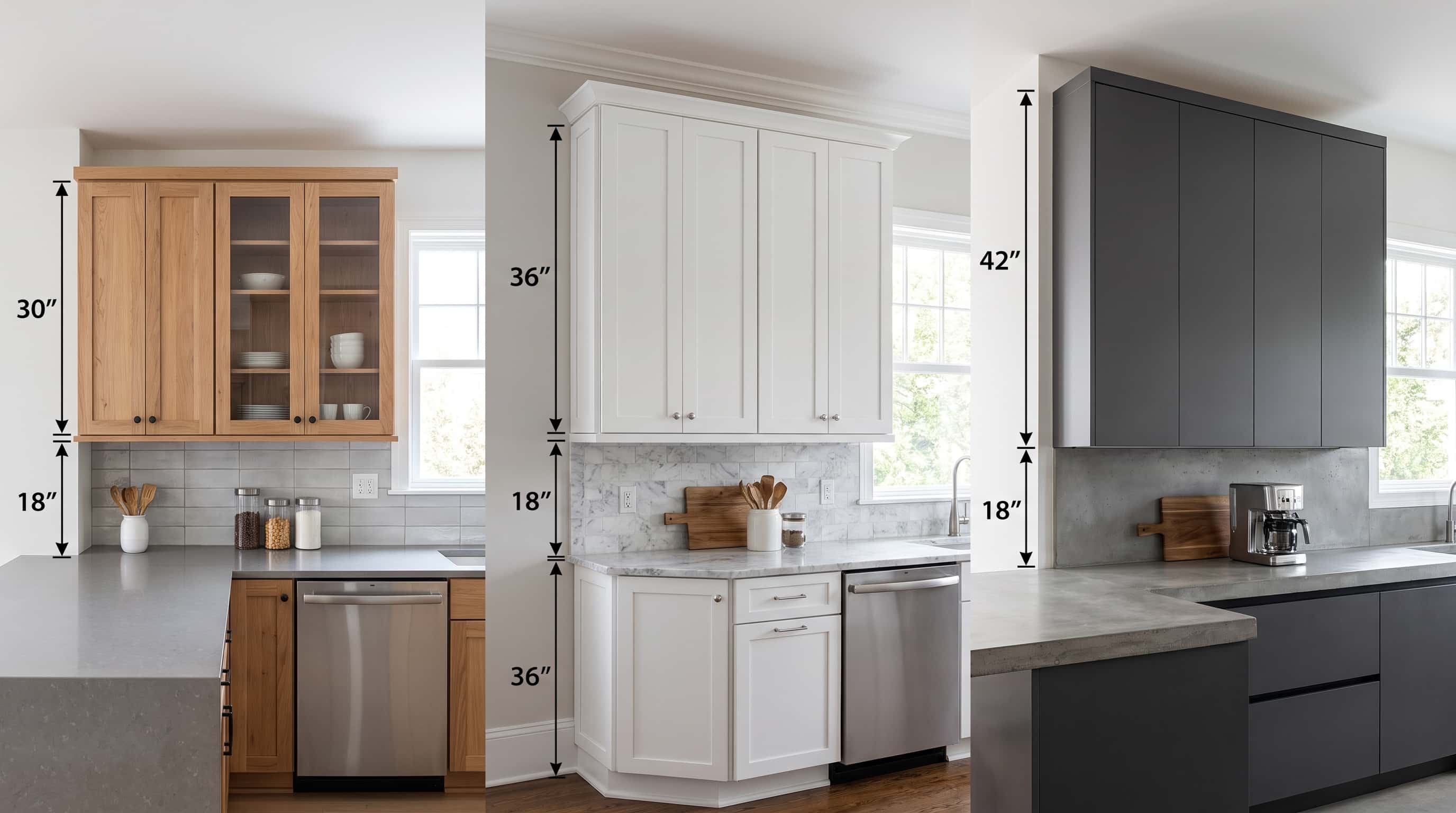 Kitchen wall cabinet height options showing 30, 36, and 42-inch upper cabinet sizes with 18-inch spacing.