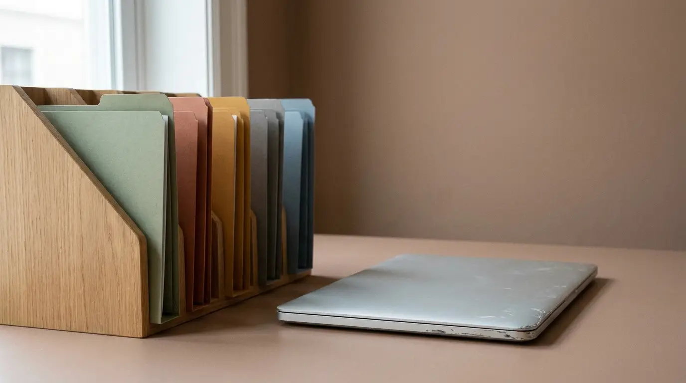 Wooden file organizer with colorful folders next to closed laptop on beige desk
