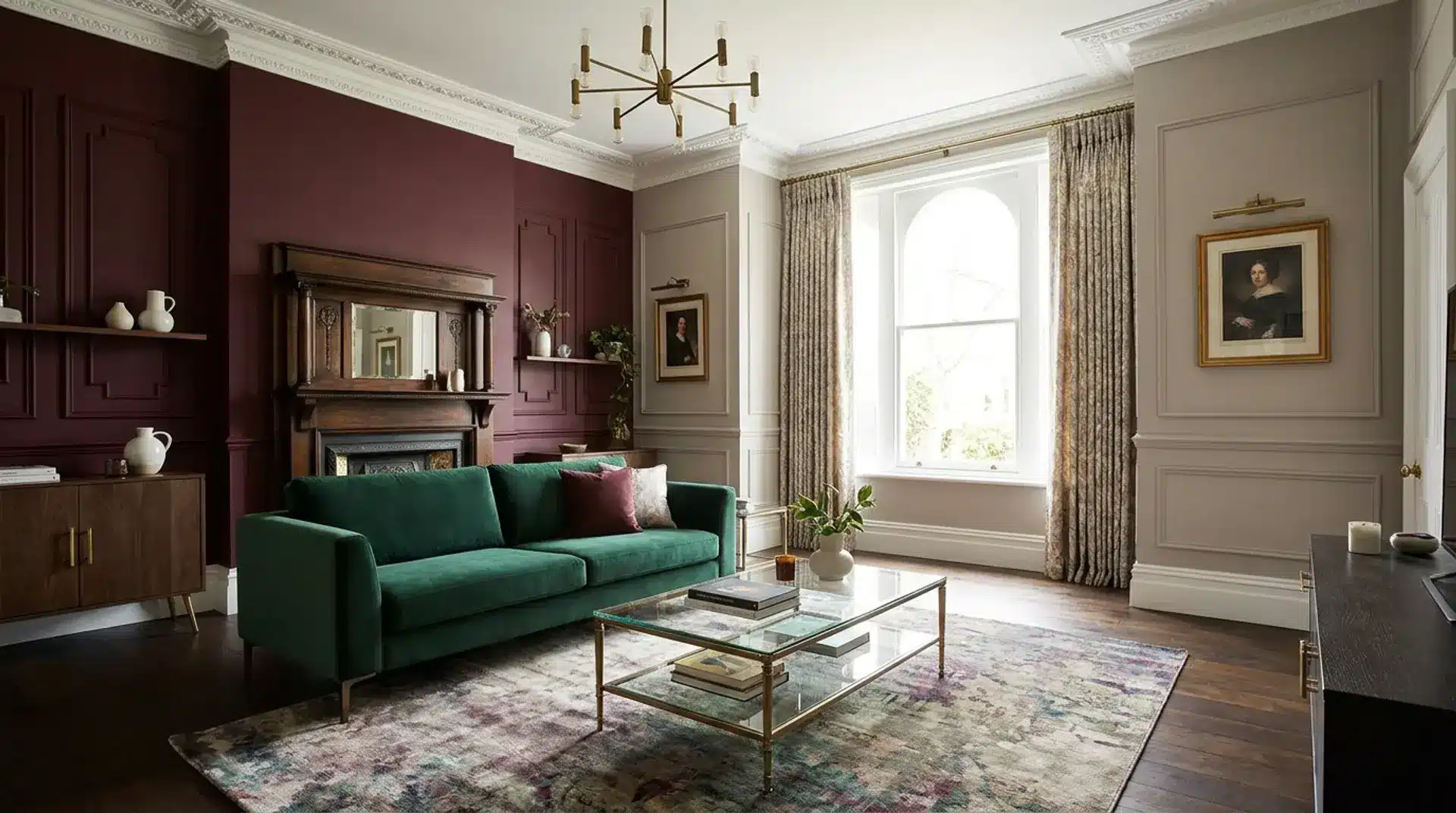 Modern Victorian living room with jewel-toned walls and elegant classic details.