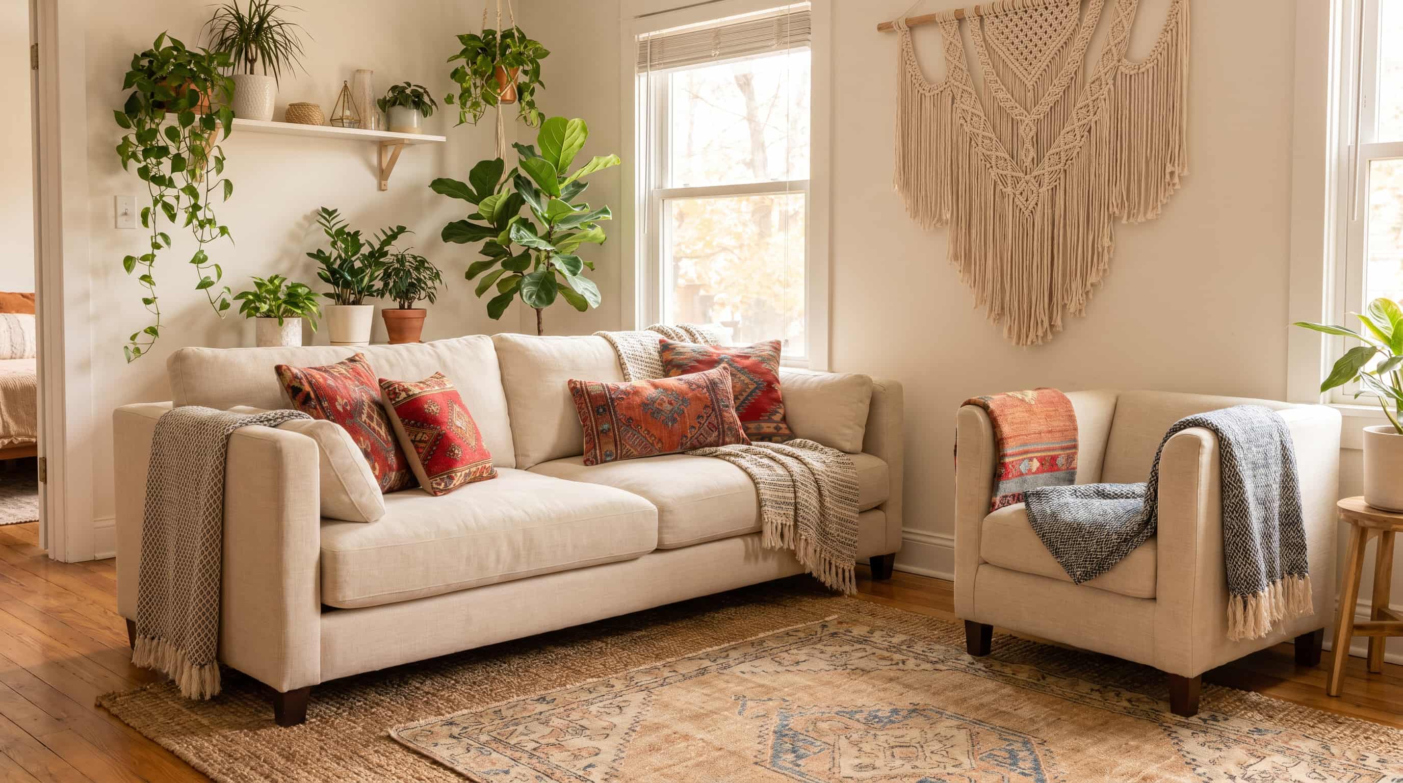 Bohemian interior design living room featuring a neutral sofa, woven textures, macrame wall art, and greenery.