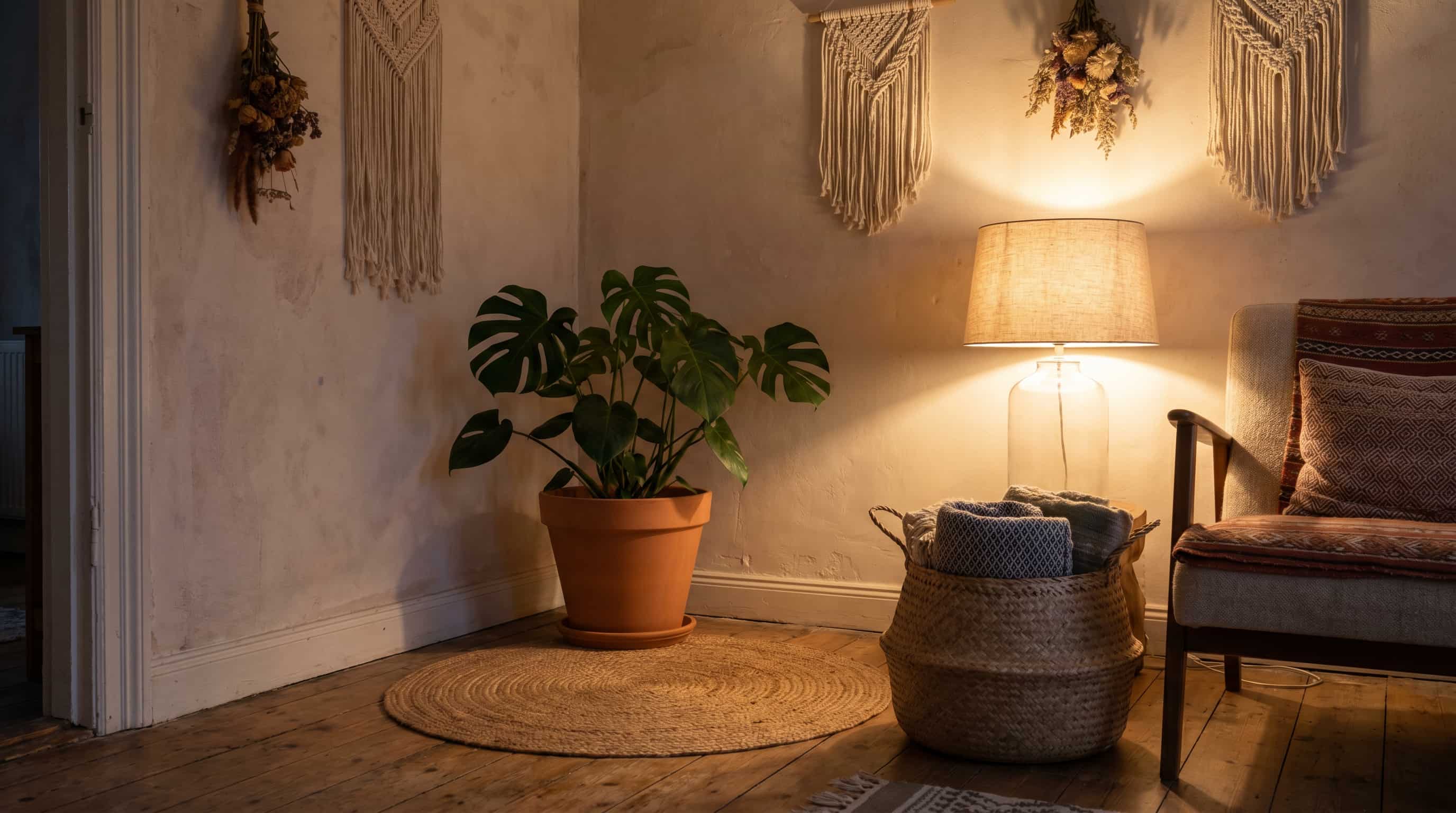 Bohemian interior design corner with warm lamp lighting, macrame wall hangings, woven basket, and lush greenery.
