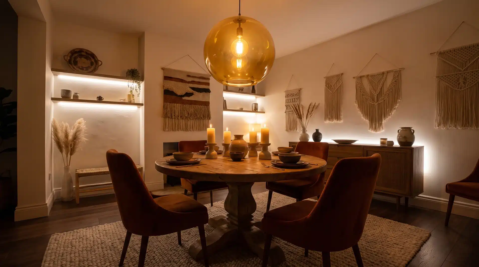 Amber globe pendant light above a vintage inspired dining table.