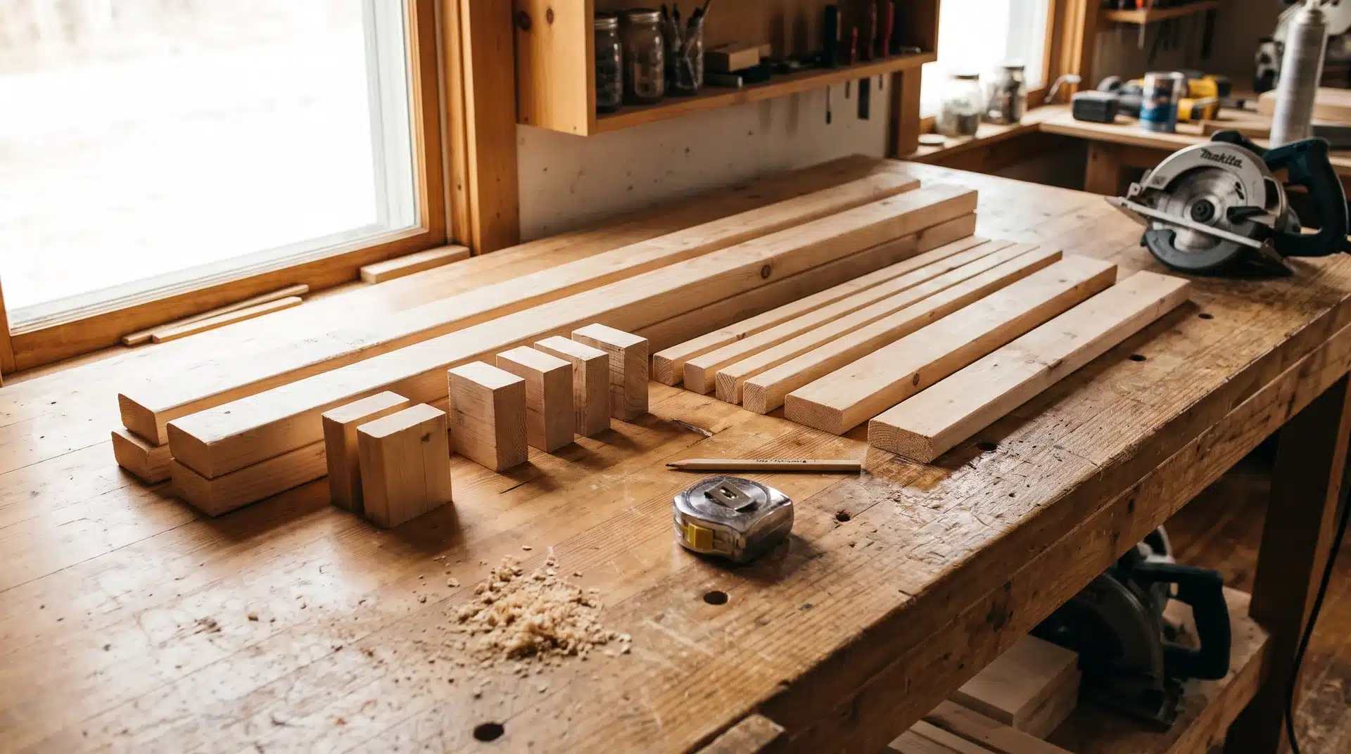 All DIY porch swing lumber pieces cut to size and laid out organized on workbench with tape measure and circular saw.