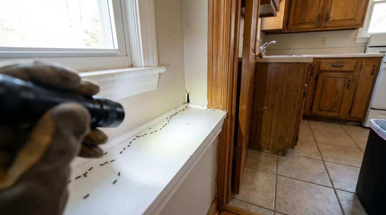 Sugar ants entering through a small crack near a kitchen baseboard.
