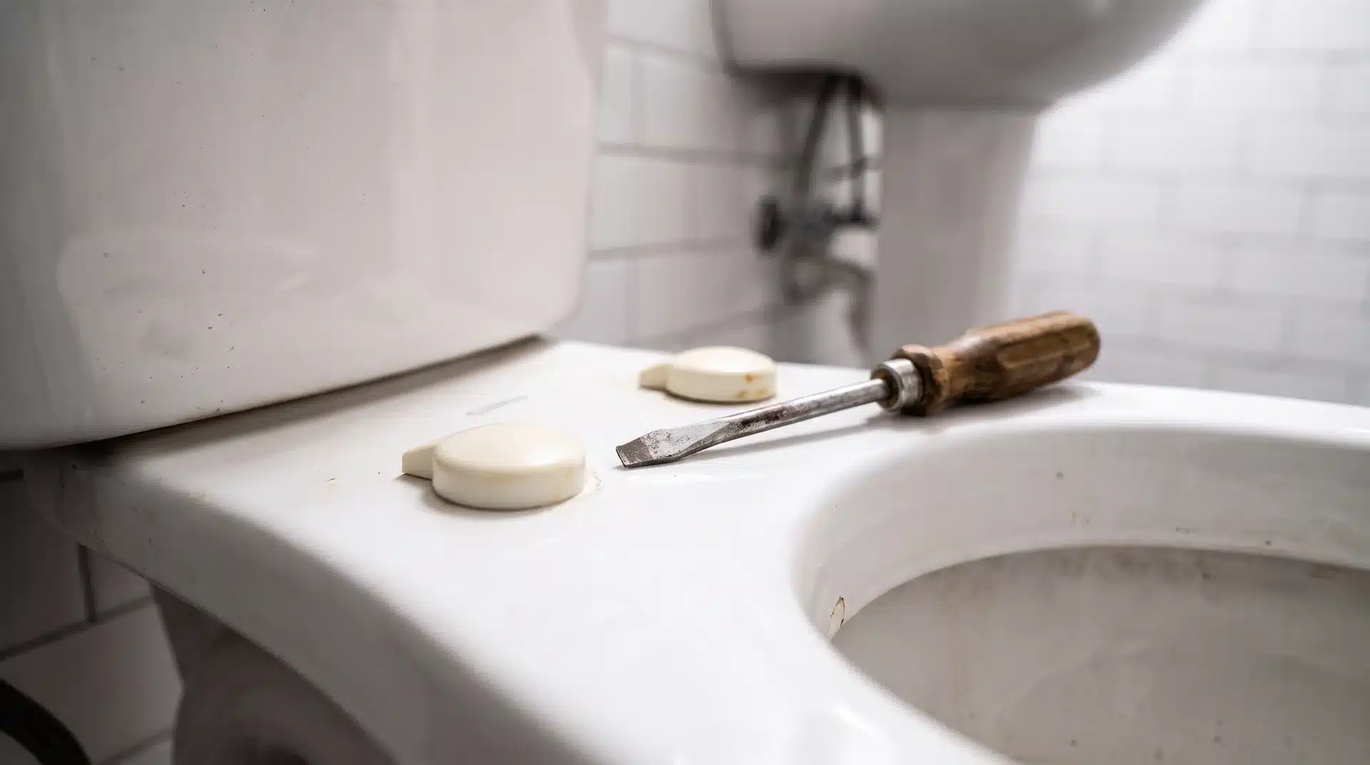 White plastic hinge caps on the back of a toilet bowl with a flathead screwdriver resting beside.