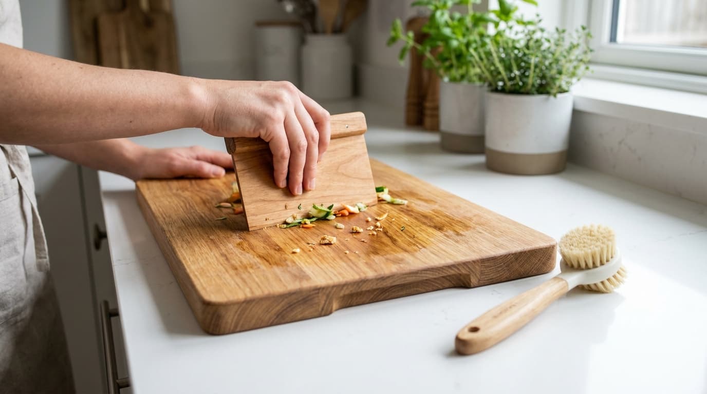 Person scraping leftover food from a wooden cutting board in a kitchen.