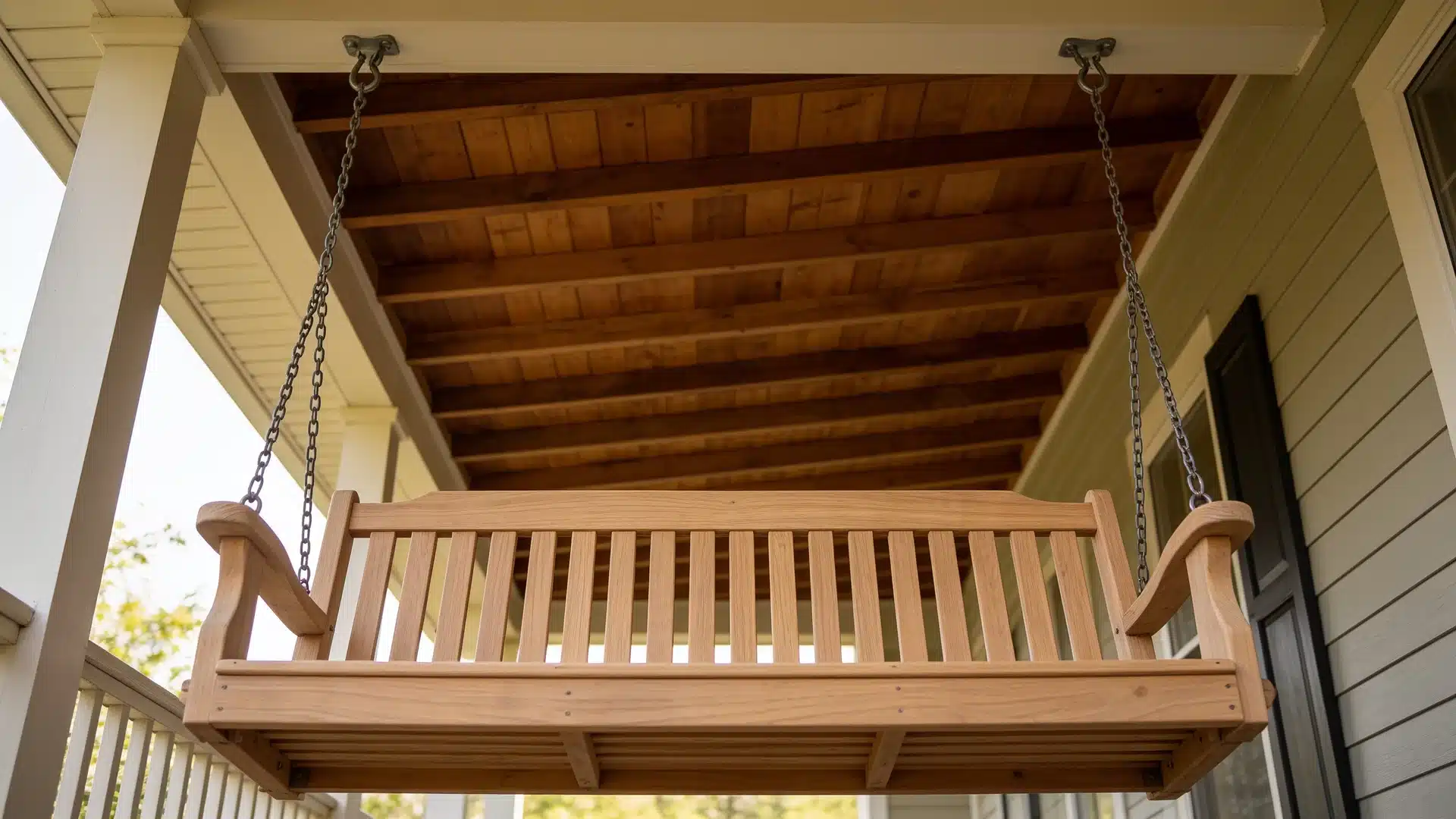 DIY wooden porch swing securely attached to exposed ceiling joists with hanging chains..