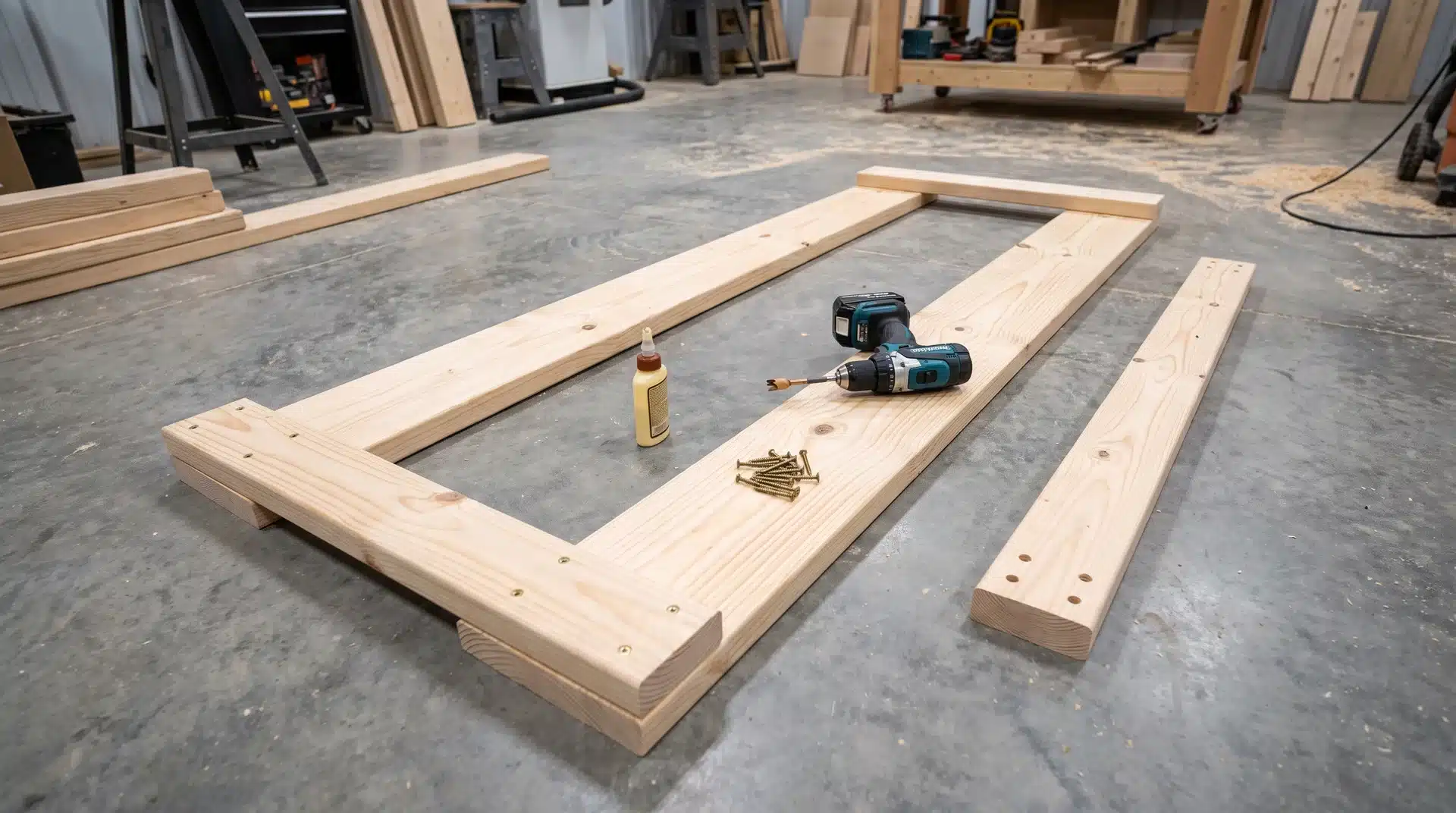 DIY porch swing seat frame assembled with 2x4 cross braces and exterior screws on workshop floor with drill beside it.