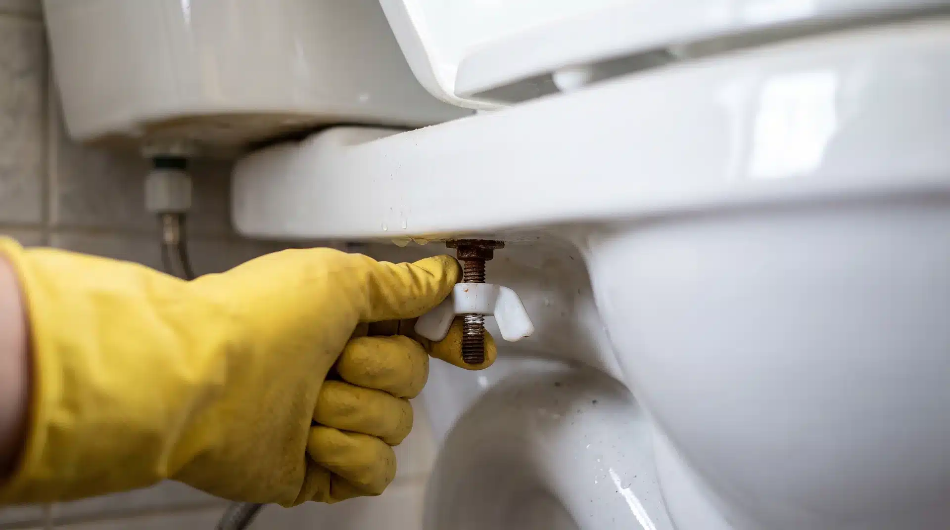 Rubber-gloved hand gripping a plastic wing nut underneath a toilet bowl in bright bathroom light.