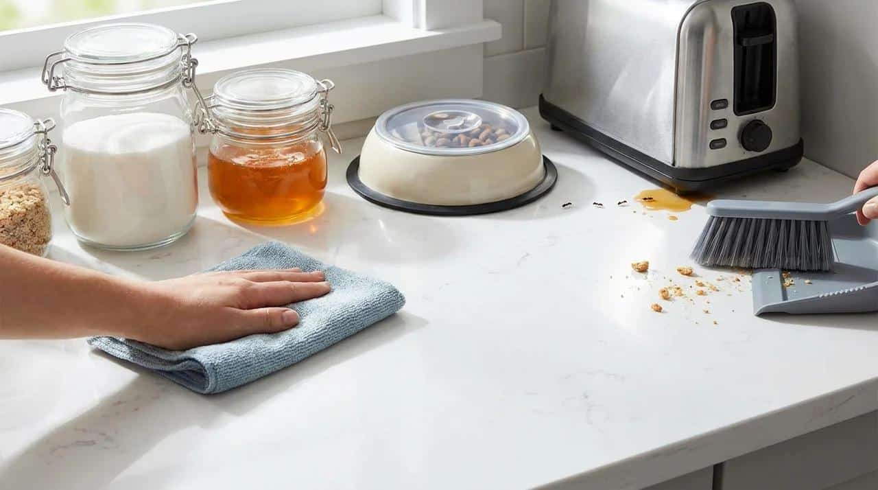 Kitchen counter with sealed food containers and sugar ants near a cleaned food area.