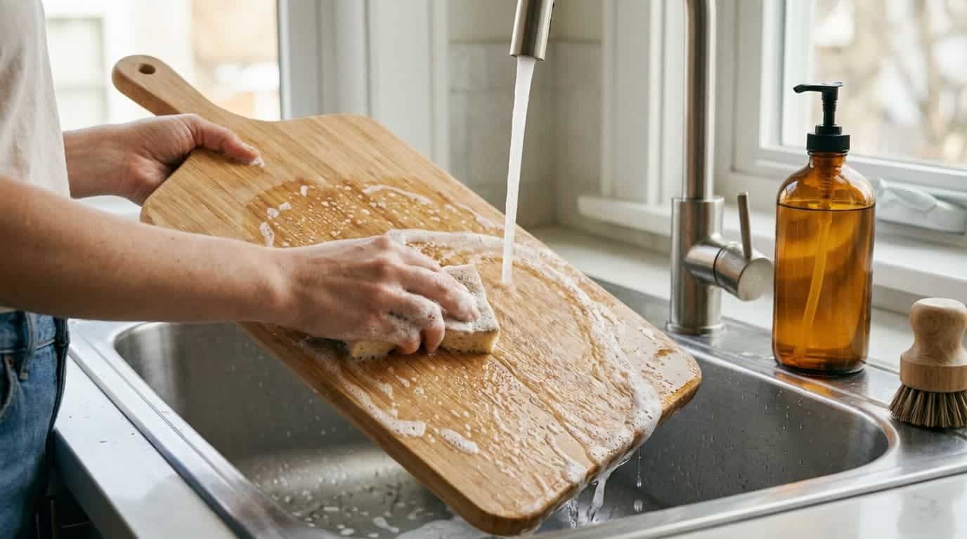 Wooden cutting board being hand-washed with mild soap and water in a sink.