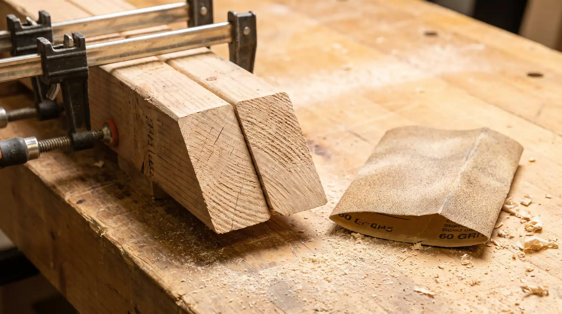 Two angled 2x4 porch swing back support uprights clamped together showing angled bottom cut with sandpaper on workbench.
