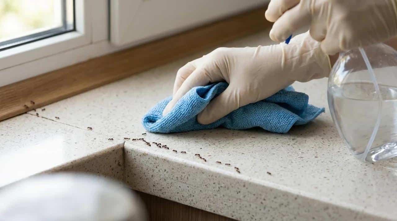 Cleaning a sugar ant trail on a kitchen countertop with a spray bottle.