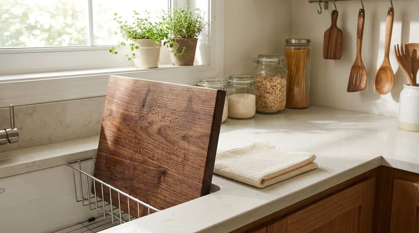 A wooden cutting board with a towel, standing upright to air dry.